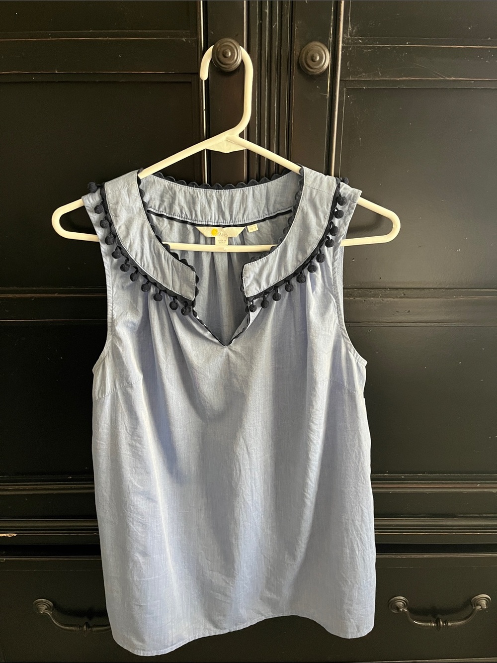 Boden Light Blue Sleeveless Top with Navy Pom Trim